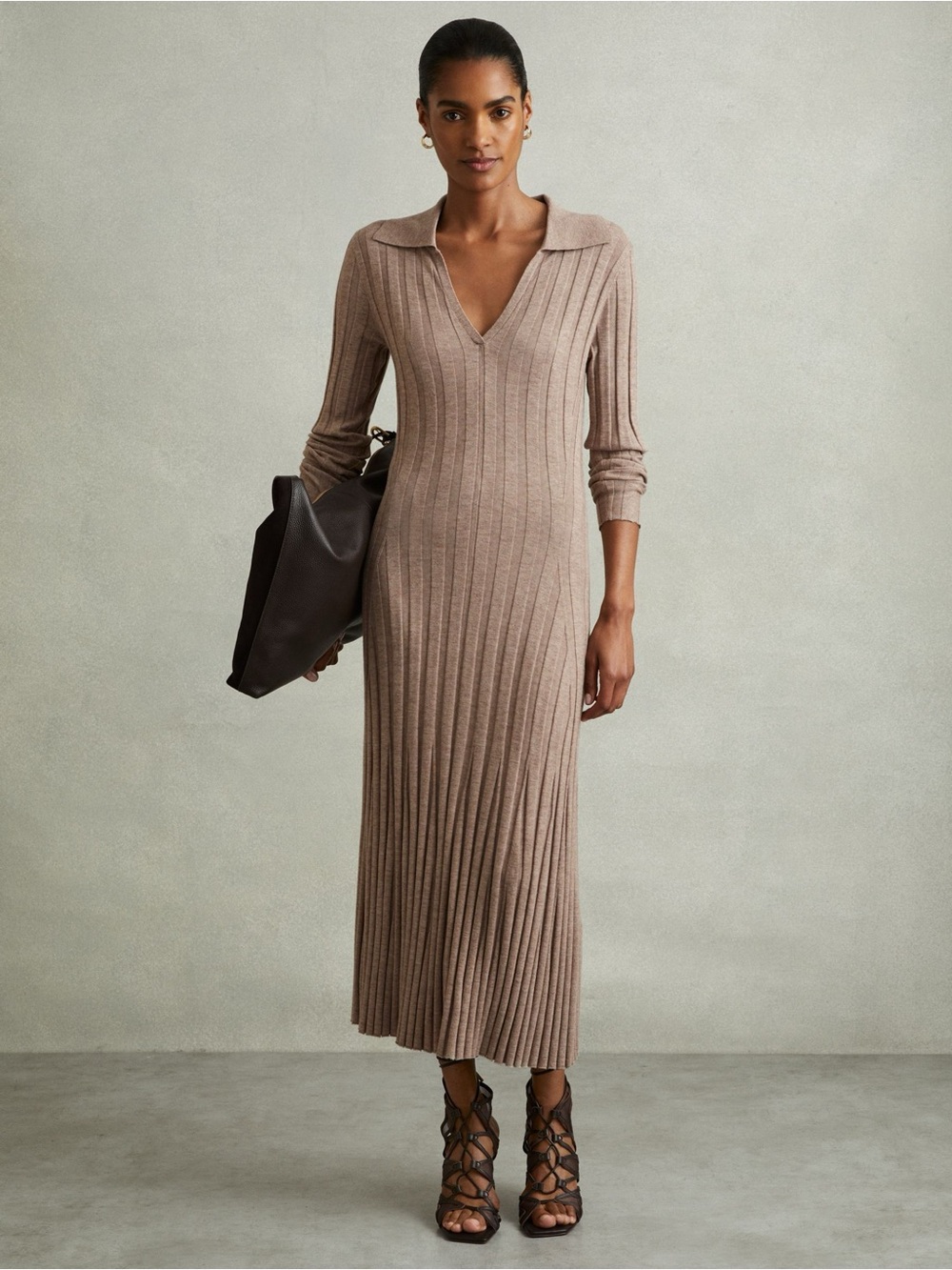 NWT Reiss Taupe Brown Ribbed Polo V-Neck Maxi Dress Long Sleeve Medium Wool